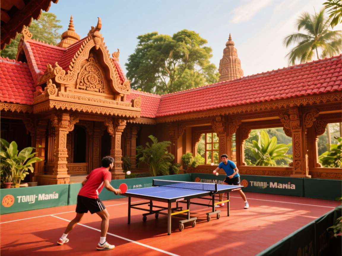 Table Tennis Mania India regional court showing a South Indian temple-themed table tennis court